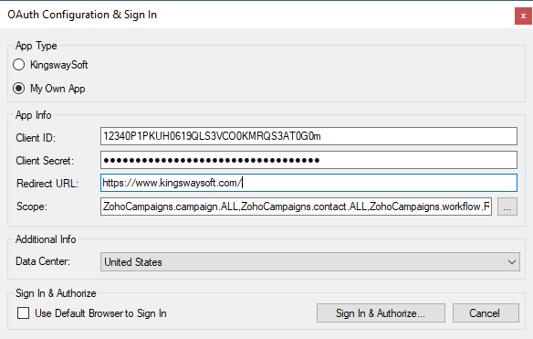 SSIS Zoho Campaigns Connection Manager - OAuth Page